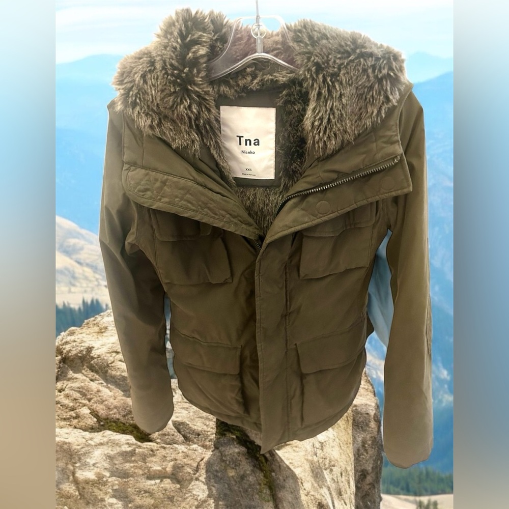 TNA for Aritzia Dark Olive Field Jacket with Goose Down / Faux fur